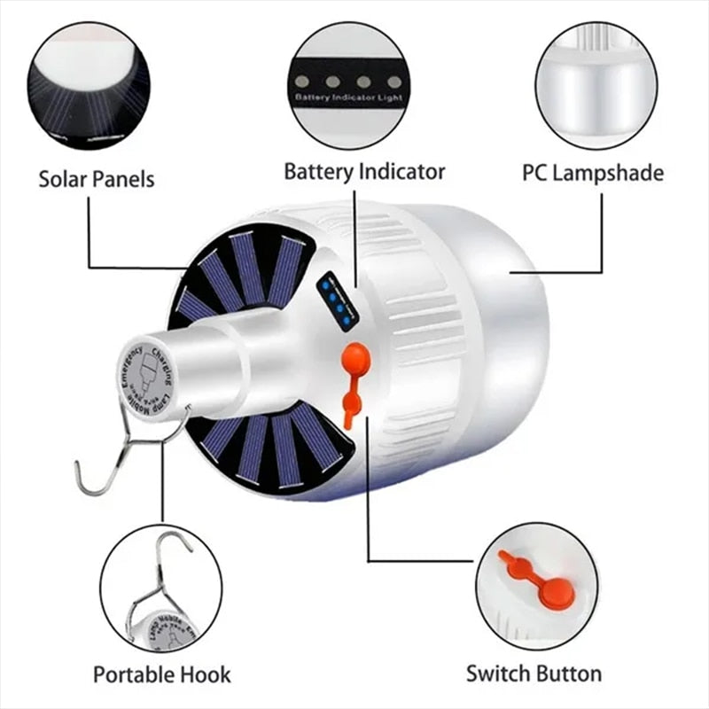 Lampadina solare da campeggio Luce solare a LED USB ricaricabile 5 modalità di illuminazione Lampadina a sospensione per escursionismo all'aperto Interruzione di emergenza