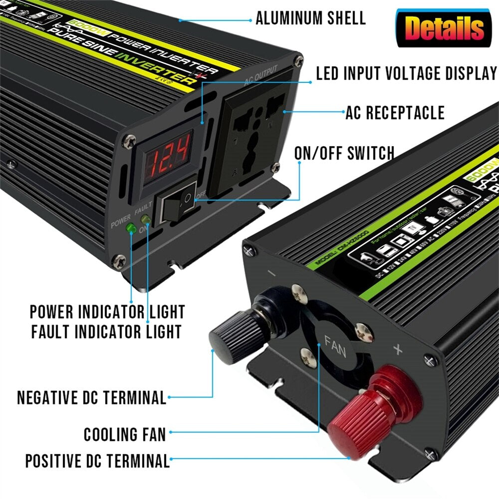 Pure Sine Wave Inverter 12V/24V/48V/60V To AC 110V 220V 8000/6000/4000/3000W Voltage Transformer Power Converter Solar Inverter