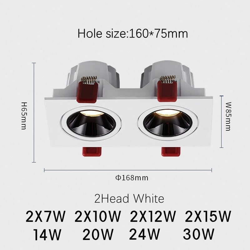 Lámpara de techo LED empotrada 24W 10W Focos LED de cabeza simple / doble CREE COB Downlight antideslumbrante para el interior de la tienda de la oficina en el hogar