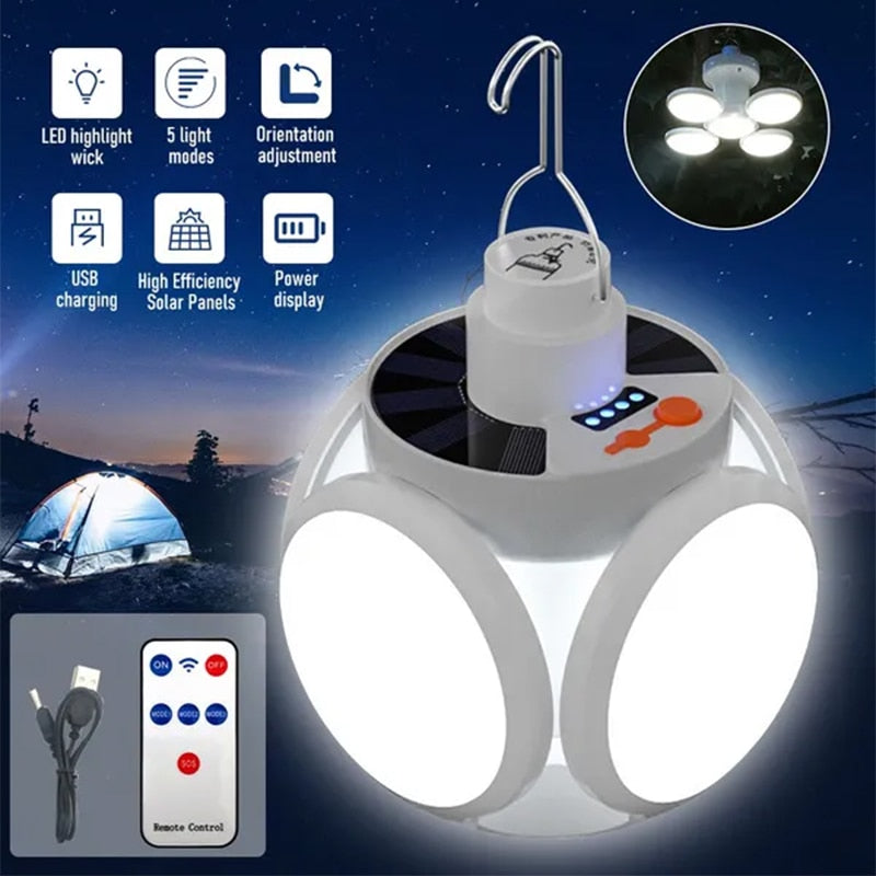 Luz solar dobrável ao ar livre portátil USB recarregável Lâmpada de LED Luzes de busca Lanterna de acampamento Lâmpada de emergência para falta de energia