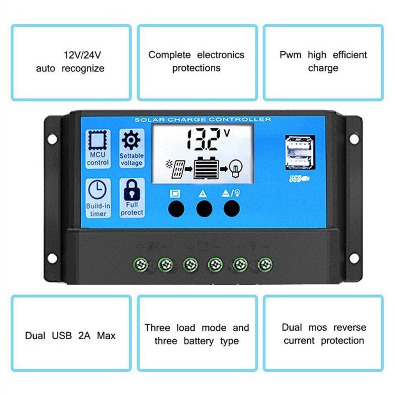 Solar Power Generation System Dual USB 18W Solar Panel 6000W Power Inverter with Smart LCD Display Dual USB Ports Controller Set