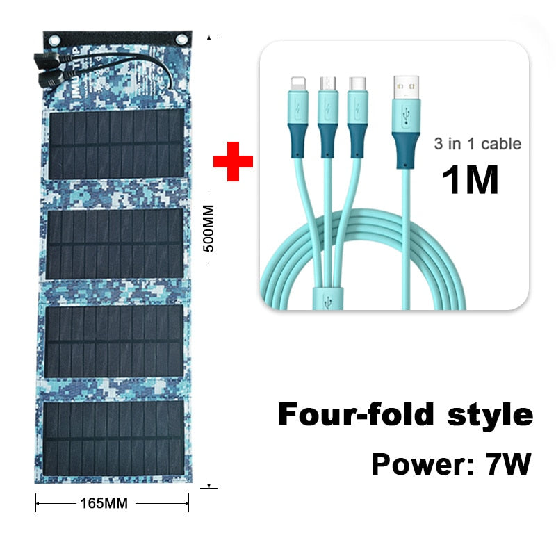 JMUYTOP Foldable usb 5v solar panels 10w 7w battery power bank For cells phone iphone xiaomi samsung 3in1 Charging Cable kit
