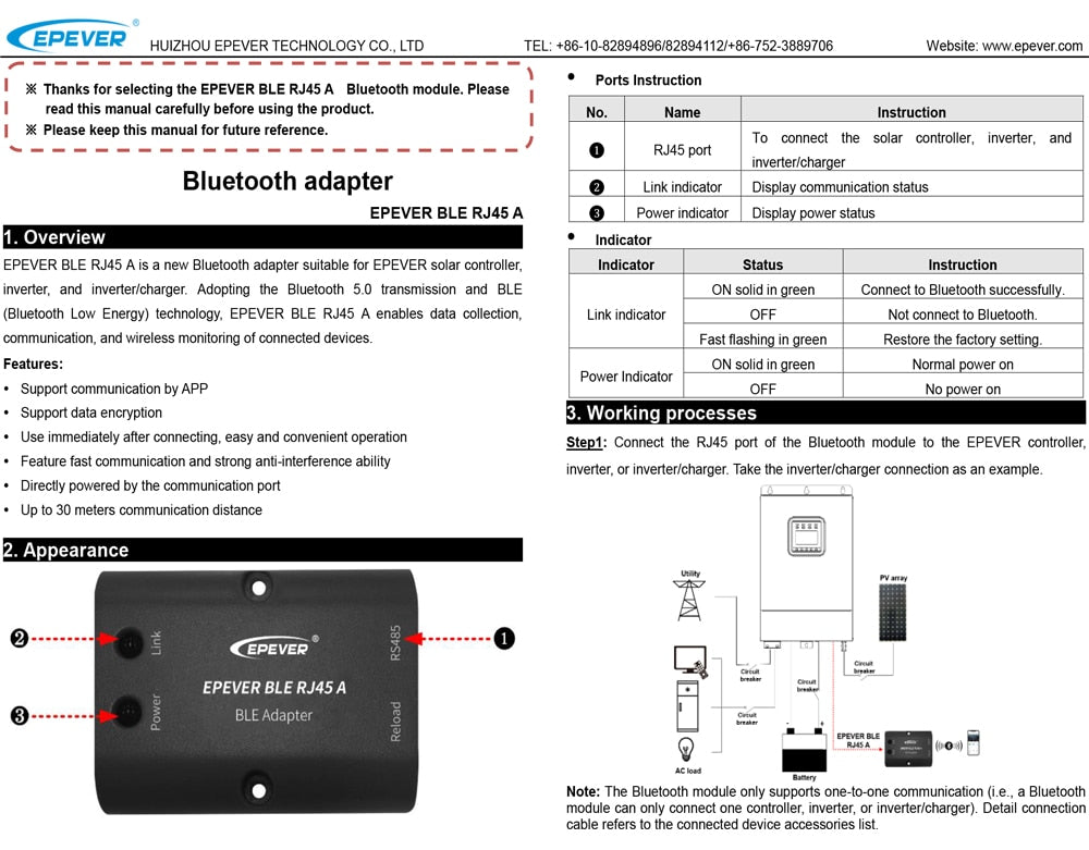 EPEVER BLE RJ45 Bluetooth module only supports one-to