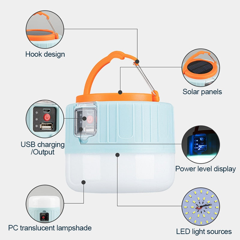 Solar LED Camping Light Waterproof Rechargeable Tent Lamp Portable Lanterns Emergency Lights Market Lamp Energy Saving Bulb