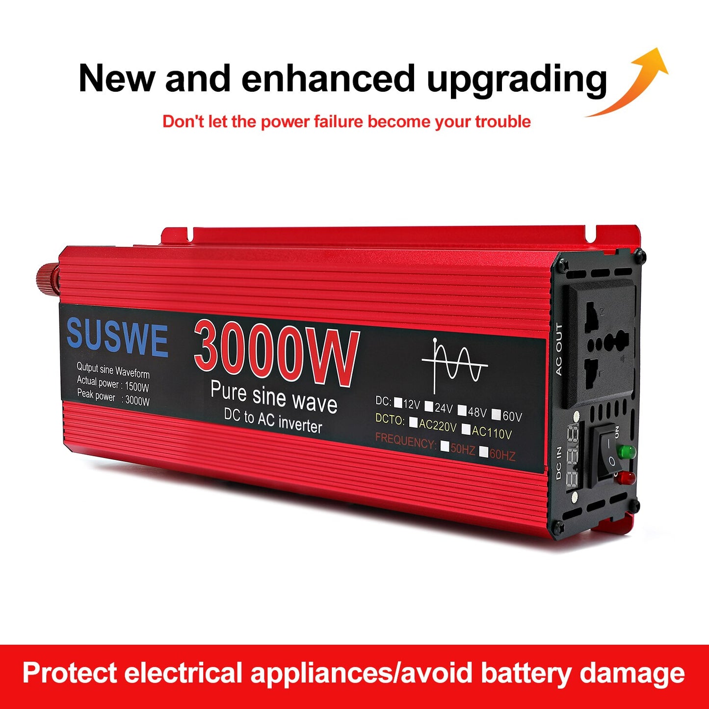 Pure Sine Wave Inverter 12V/24V To AC 220V 2000/1000W Voltage Transformer Power Converter Solar Inverter
