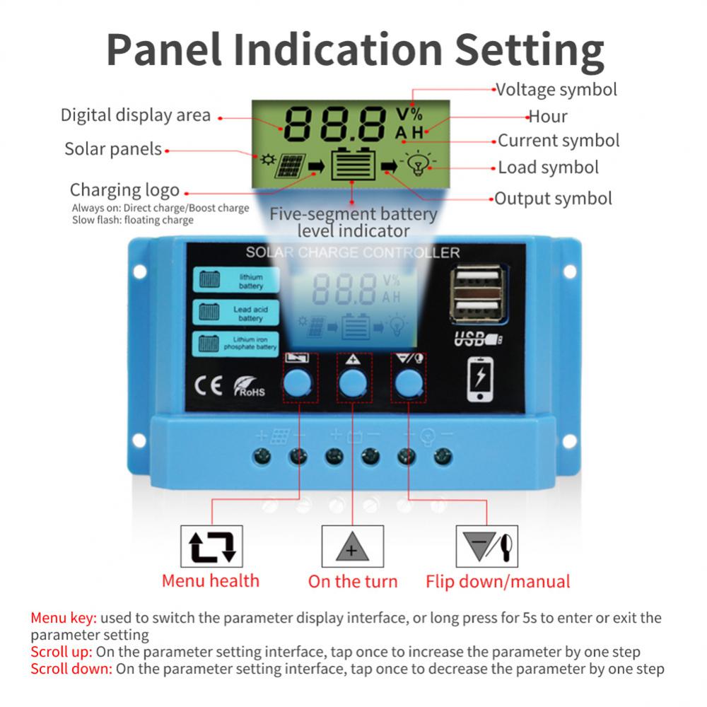 Regolatore di carica solare PWM12V 14V 10A/20A/30A Regolatore solare Pannello solare Regolatore batteria Display LCD Doppia uscita USB 5V