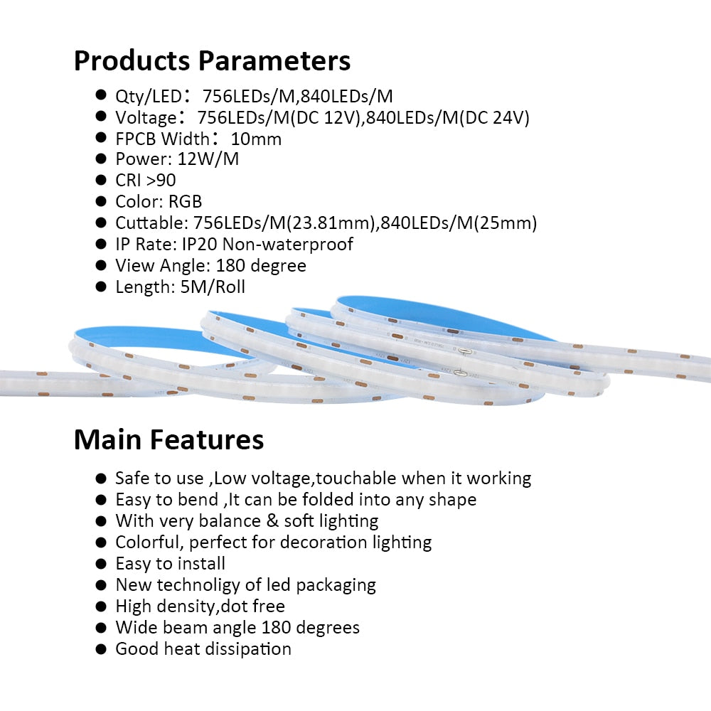 RGB COB LED Strip Light DC 12V 24V 756 LEDs/m 840 LEDs/m Flexible Ribbon Linear Lamp Tape Lights 1M 2M 3M 4M 5M Room Decoration