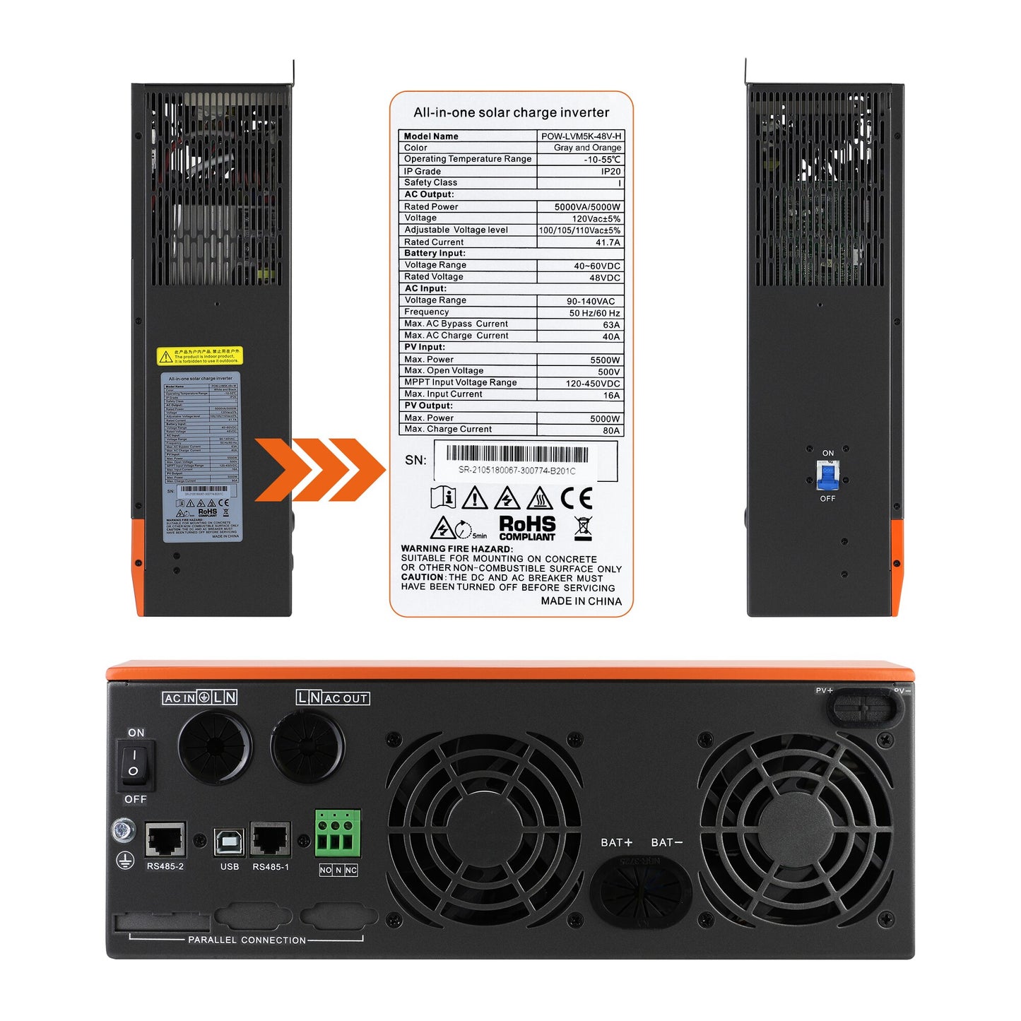 PowMr 110V Solar Inverter Hybrid 48V 24V 5KW 3KW MPPT Build-In 80A 60A Charger Pure Sine Wave Hybrid Inverter 100V to 120V