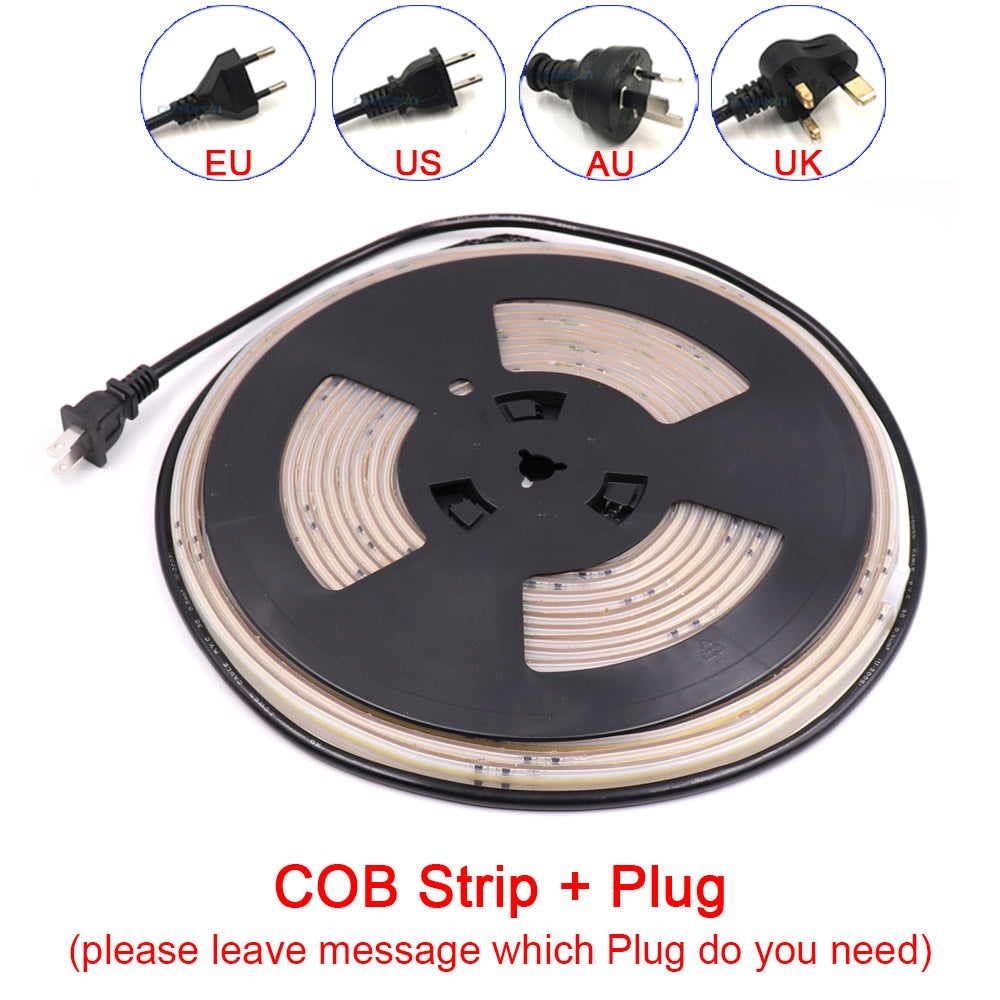 Super Bright Real 220V 110V COB LED Tape AC Power IP67 Waterproof FCOB LED Strip Light Bar 20m 10m 5m for Outdoor Garden Park