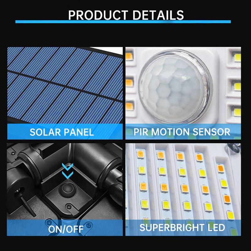 Solar Motion Sensor Flood Lights Outdoor 256/214LEDs 6 or 5 Heads 360° illumination IP65 Solar Security Lights  White/Warm White