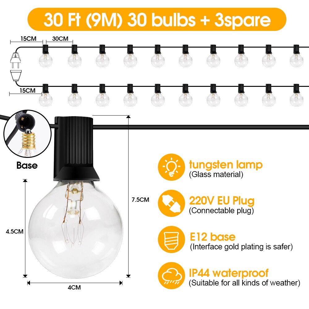 LED G40 Globe String Lights, EU 220V , 10/30/50  Plastic G40 Bulbs For Christmas Party Garden Decorative Garland Lamp S