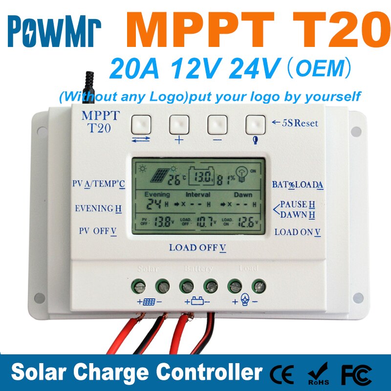 PowMr MPPT T20 Regolatore di carica solare 12V 24V Auto MPPT + PWM 20A 260W Display LCD Pannello solare Regolatore batteria Max PV 48V OEM
