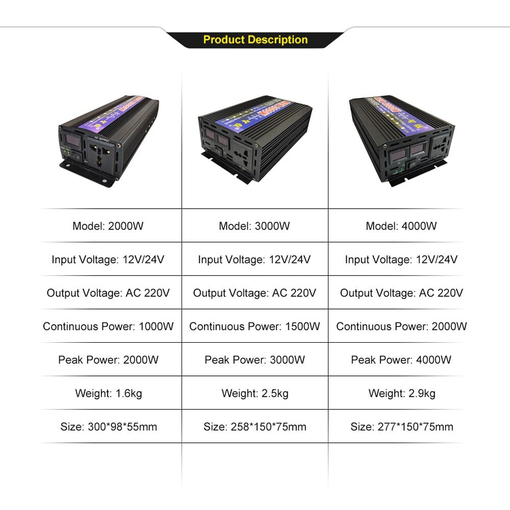 Power Inverter 12 220v Pure Sine Wave 4000W 2000W 3000W Voltage Converter DC 12V 24V 48V to 110V 240V AC Car Power Supply