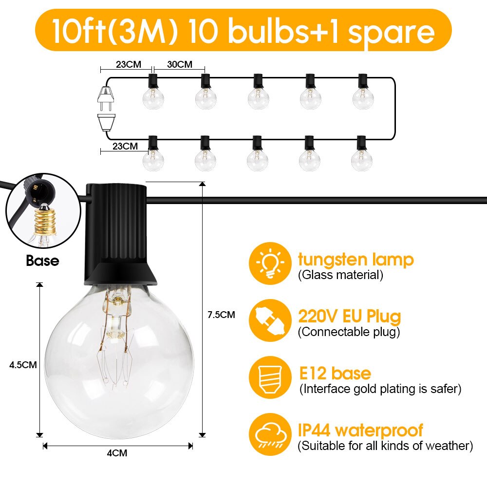 LED G40 Globe String Lights, EU 220V , 10/30/50  Plastic G40 Bulbs For Christmas Party Garden Decorative Garland Lamp S
