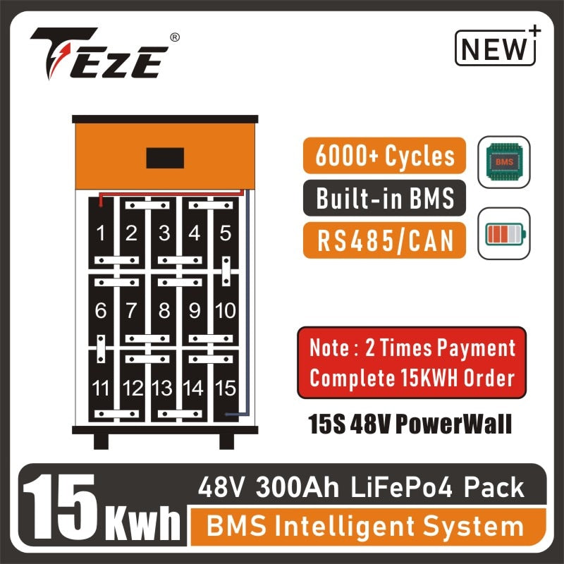 Pay by Installment 48V 15KWh 300Ah LifePo4 Battery PowerWall Home Storage Batteri Built-in BMS System Bateria Solar Backup Power