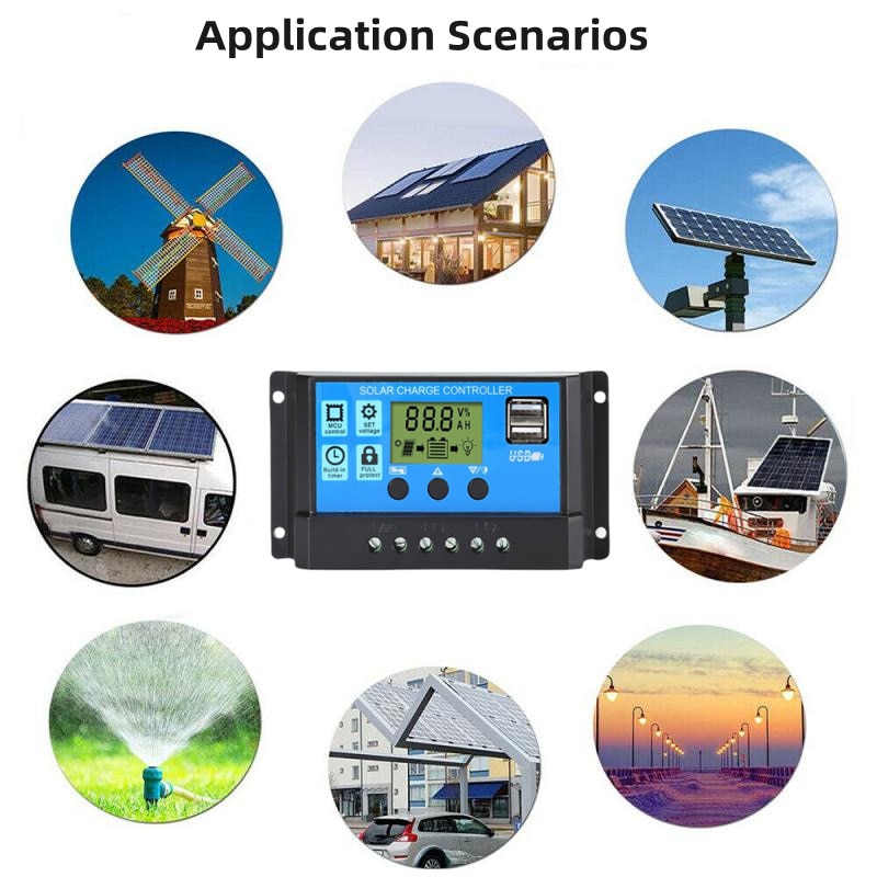 Regolatore solare aggiornato 10A 20A 30A 12V / 24V Pannello solare automatico Regolatore fotovoltaico Caricabatterie PWM Uscita 5V Display LCD Dual USB