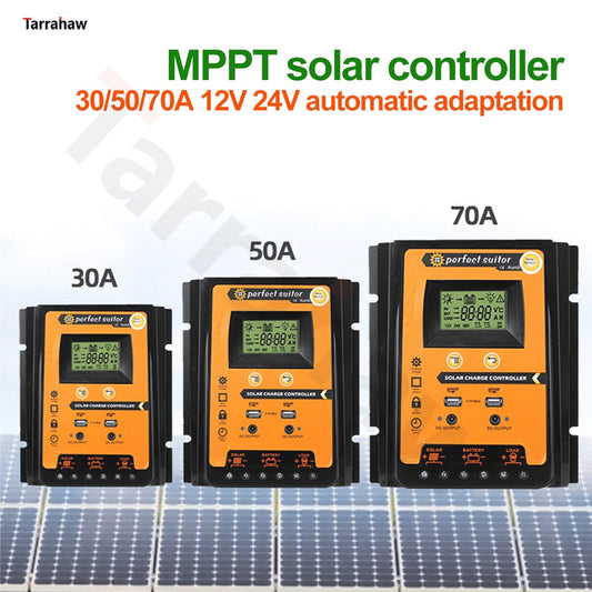 MPPT Solar Charge Controller 12V 24V 30A 50A 70A Photovoltaic Cell Controller Solar Panel Battery Regulator 2 USB 5V LCD Display