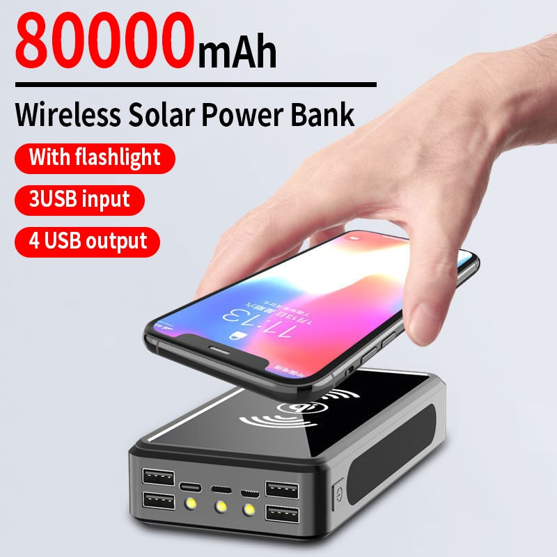 Solar Power Bank 80000mAh Wireless External Battery Portable PowerBank 4USB Convenient Travel For iPhone Samsung Huawei Xiaomi