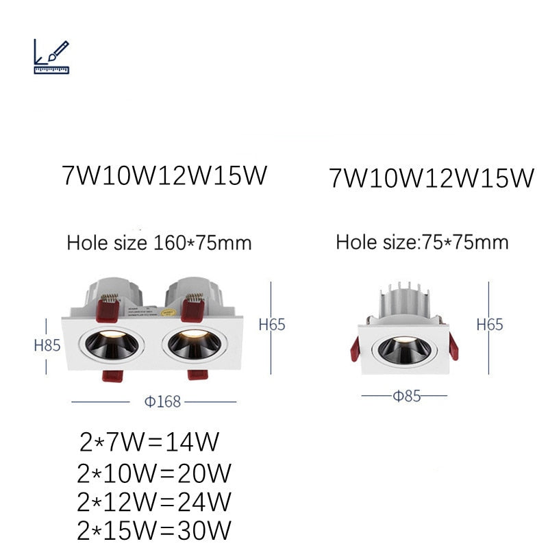 Lámpara de techo LED empotrada 24W 10W Focos LED de cabeza simple / doble CREE COB Downlight antideslumbrante para el interior de la tienda de la oficina en el hogar