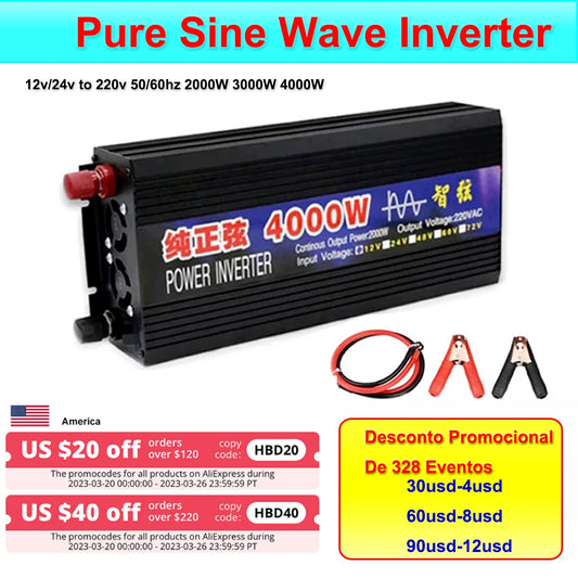 Pure Sine Wave Inverter 2000W 3000W 4000W Power DC 12V 24V To AC 220V Voltage 50/60HZ Converter Solar Car Inverters With LED Dis