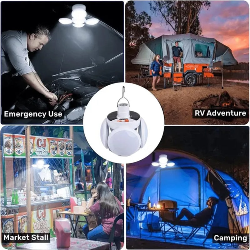 Luz solar dobrável ao ar livre portátil USB recarregável Lâmpada de LED Luzes de busca Lanterna de acampamento Lâmpada de emergência para falta de energia