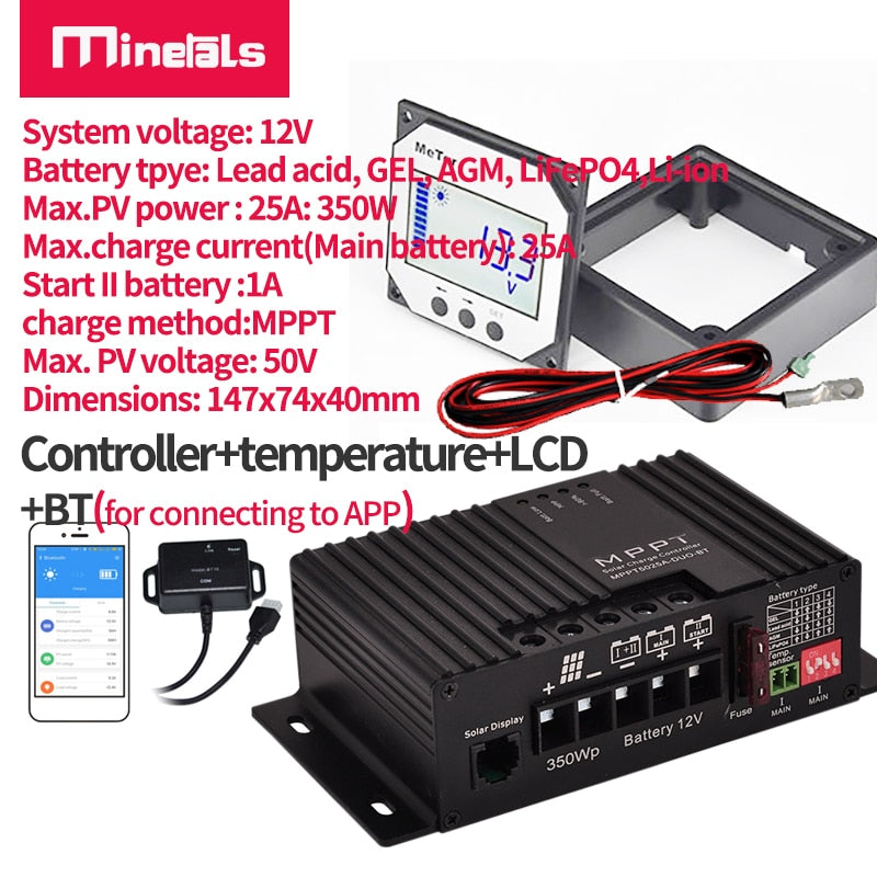 MPPT Controller 12v 25a Support Bluetooth APP Smart Solar Charging Controller Dual battery MPPT Solar Regulator For RV Regulator