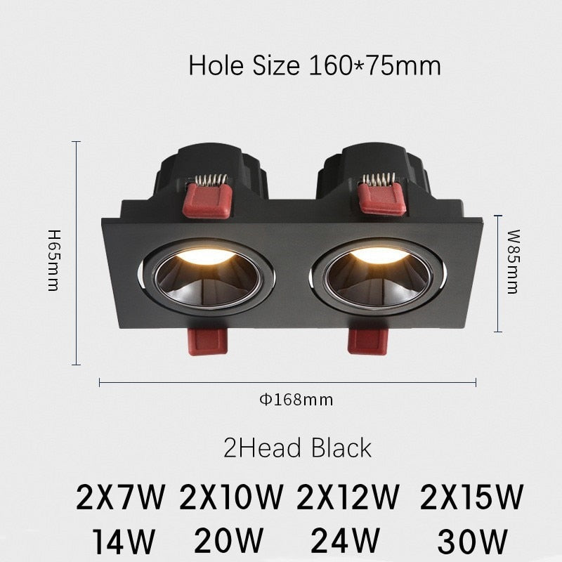 Lámpara de techo LED empotrada 24W 10W Focos LED de cabeza simple / doble CREE COB Downlight antideslumbrante para el interior de la tienda de la oficina en el hogar