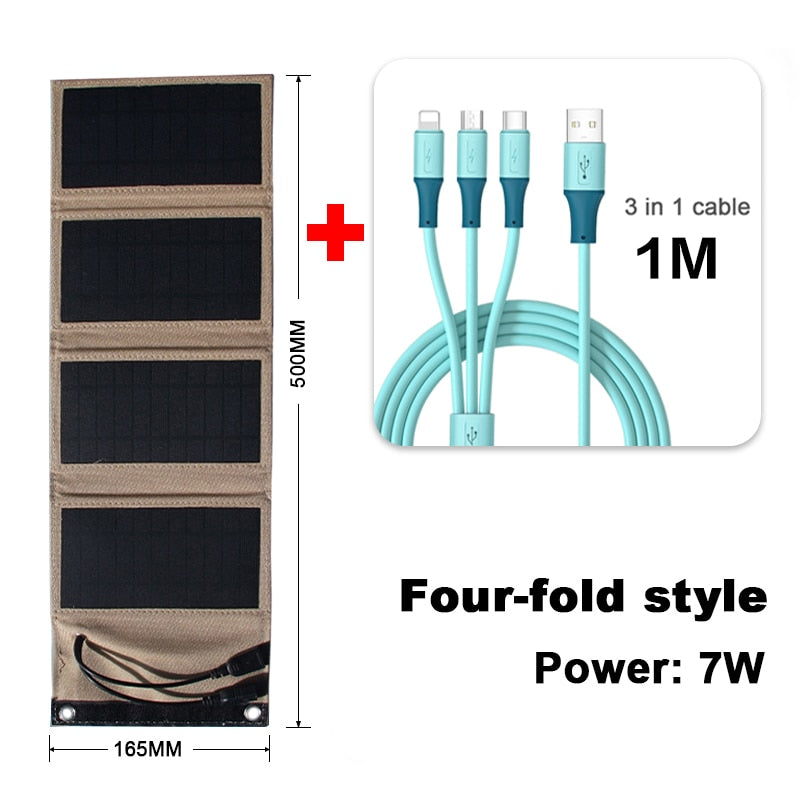 JMUYTOP Foldable usb 5v solar panels 10w 7w battery power bank For cells phone iphone xiaomi samsung 3in1 Charging Cable kit