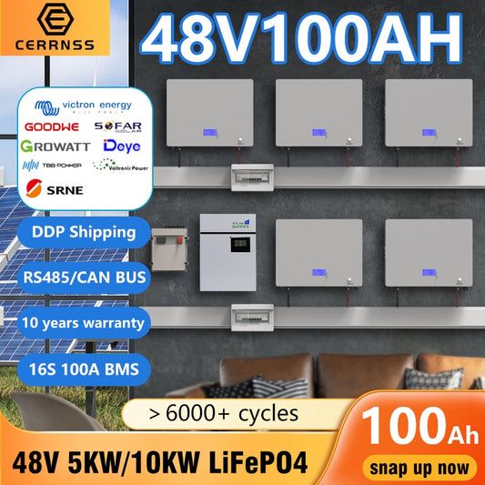 Powerwall LiFePO4 48V 100AH 5KW Battery Pack - 51.2V Lithium Solar Battery 6000+ Cycle With RS485 CAN COM For Off/On-Grid Inverter