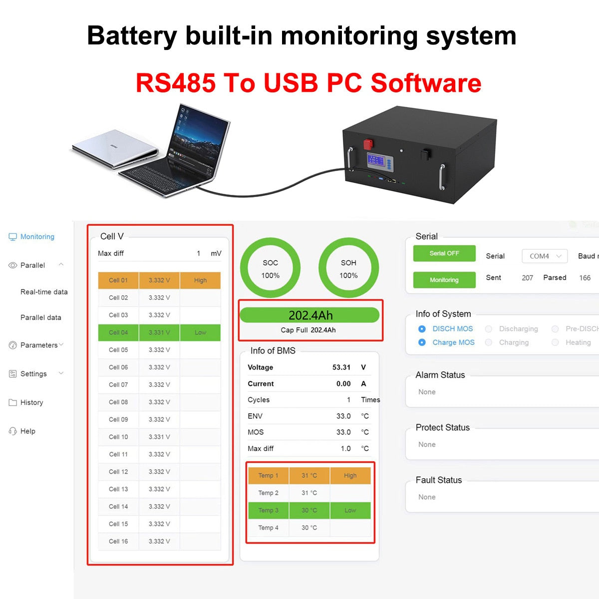 Battery built-in monitoring system RS485 To USB PC Software