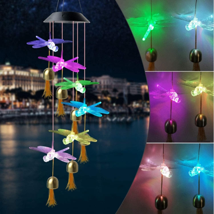 New Solar Power Wind Bells Chime Crystal Ball Hummingbird Butterfly Dragonfly Waterproof Outdoor Light for Patio Yard Garde
