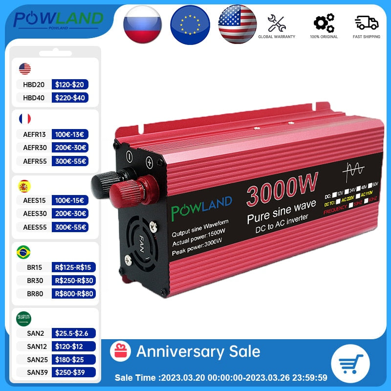 Pure Sine Wave Inverter 3000W 2200W 1600W 1000W DC 12v/24v To AC 110V/220V  Voltage Transformer Power Converter Solar Inverter