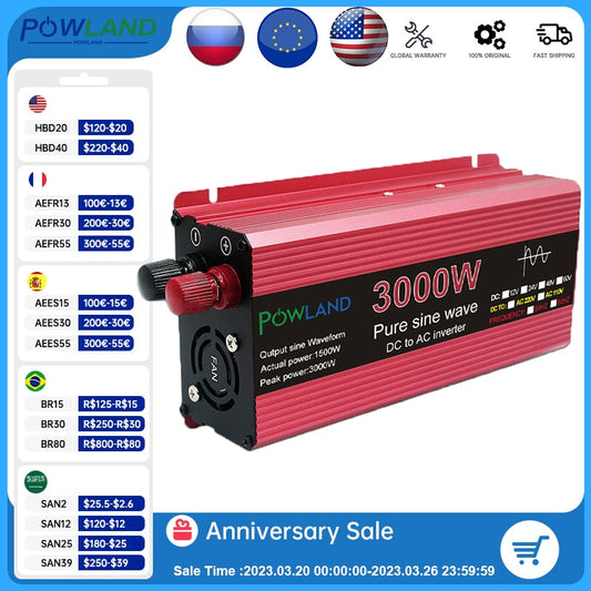 Pure Sine Wave Inverter 3000W 2200W 1600W 1000W DC 12v/24v To AC 110V/220V  Voltage Transformer Power Converter Solar Inverter