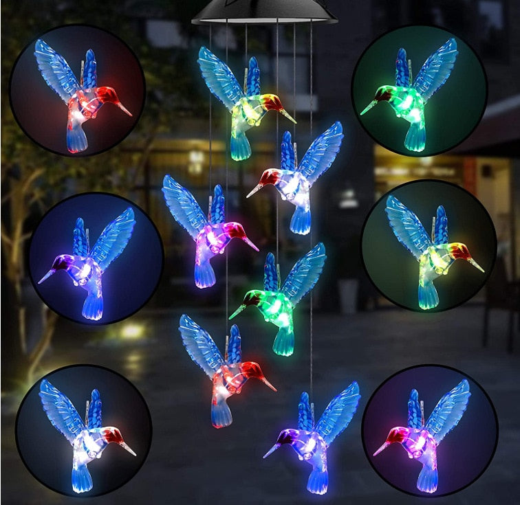 New Solar Power Wind Bells Chime Crystal Ball Hummingbird Butterfly Dragonfly Waterproof Outdoor Light for Patio Yard Garde