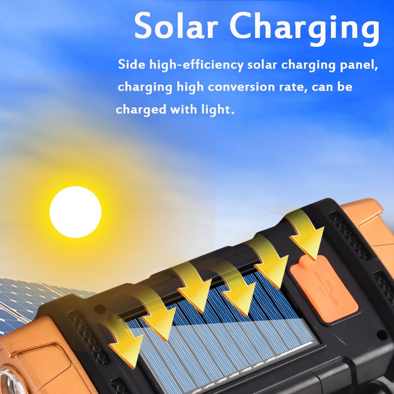 Portable Powerful Solar LED Flashlight With COB Work Lights USB Rechargeable Handheld 4 Lighting Modes Outdoor Solar Torch Light