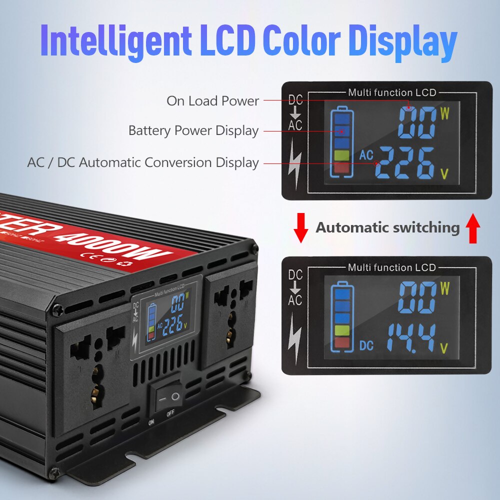 Inversor de onda senoidal pura LED 3000 W DC 12 V para AC 220 V 50 Hz Tensão de saída dupla Transformador Conversor Solar Off Grid Power Inverter