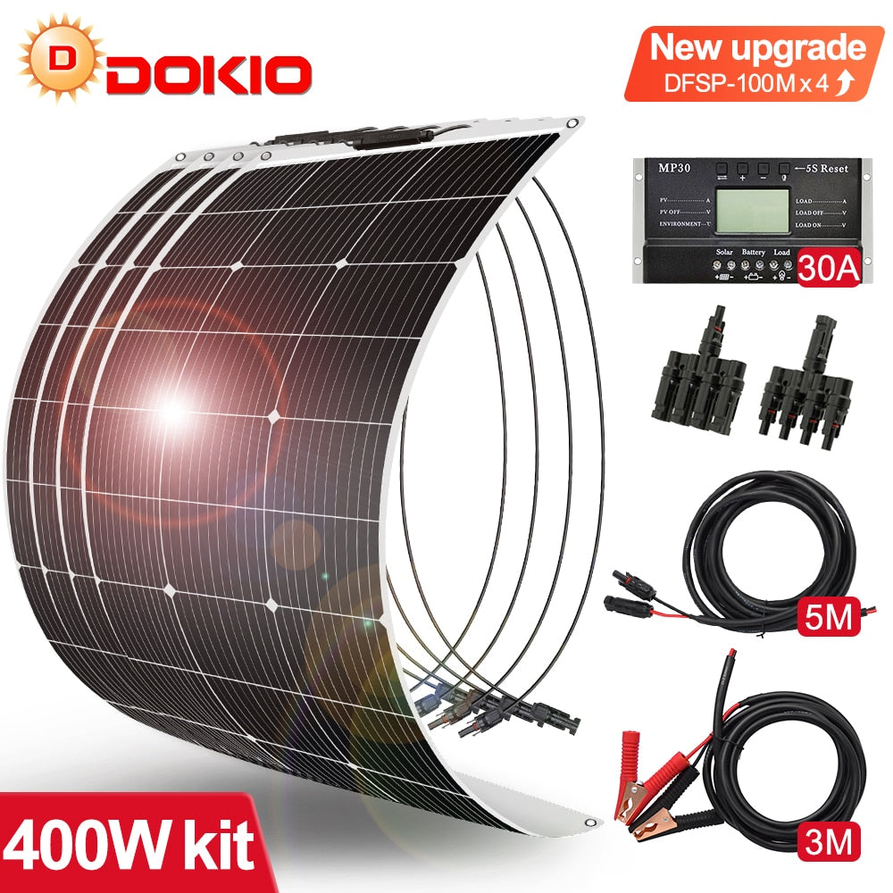 Dokio 18V/16V 100W 200W 400W Flexible Solar Panel Sets For Car/Home Waterproof Monocrystalline Solar China Charge 12V Battery