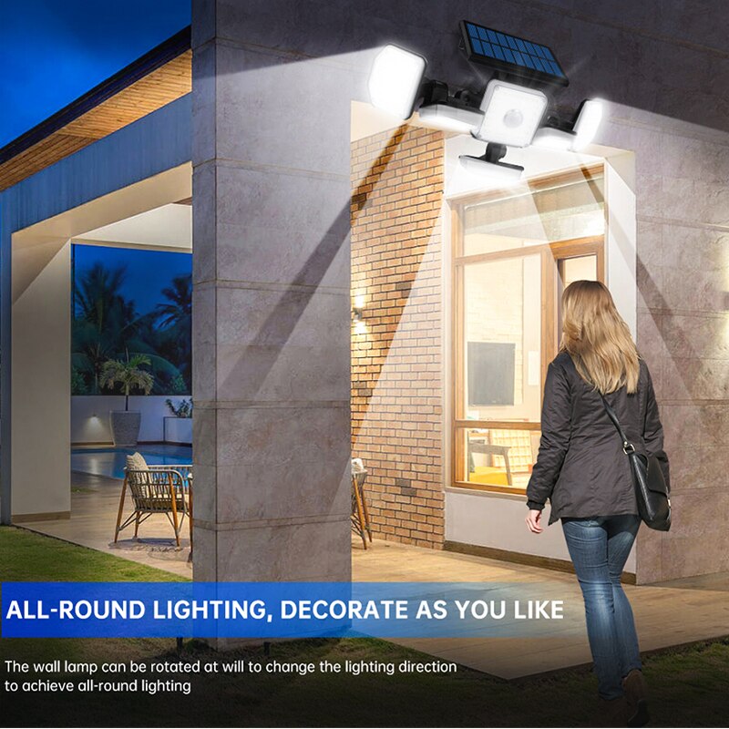 Solar Motion Sensor Flood Lights Outdoor 256/214LEDs 6 or 5 Heads 360° illumination IP65 Solar Security Lights White/Warm White
