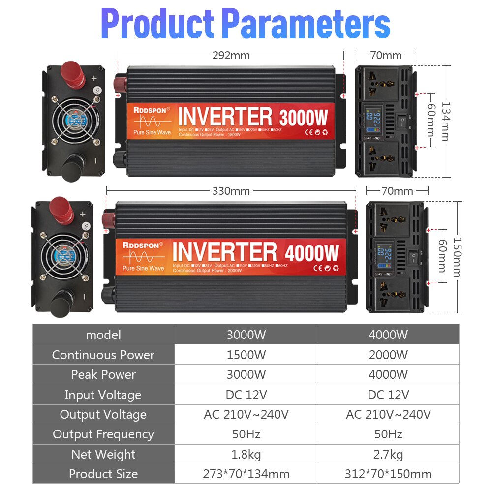 Inversor de onda senoidal pura LED 3000 W DC 12 V para AC 220 V 50 Hz Tensão de saída dupla Transformador Conversor Solar Off Grid Power Inverter