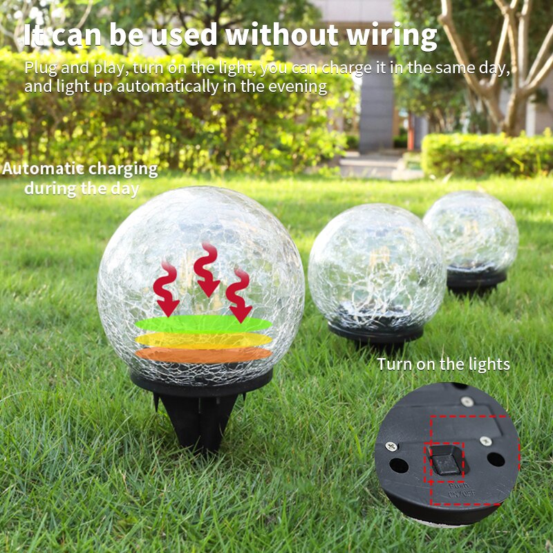 Luz Led Solar para exteriores, luz de bola de cristal con grietas para exteriores, lámpara de hierba de jardín enterrada a prueba de agua, diseño de balcón, decoración de Navidad