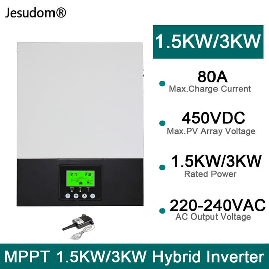 Jesudom 1.5KW12V/3KW24V To 230VAC Charge Current 80A MPPT  Hybrid Solar Inverter Pure Sine Wave Output