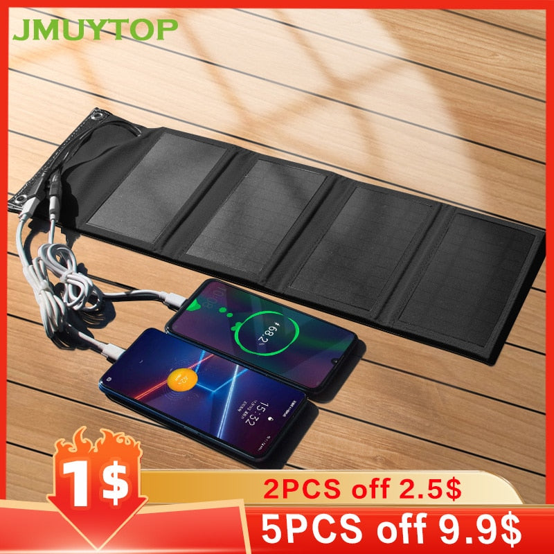 JMUYTOP Foldable usb 5v solar panels 10w 7w battery power bank For cells phone iphone xiaomi samsung 3in1 Charging Cable kit