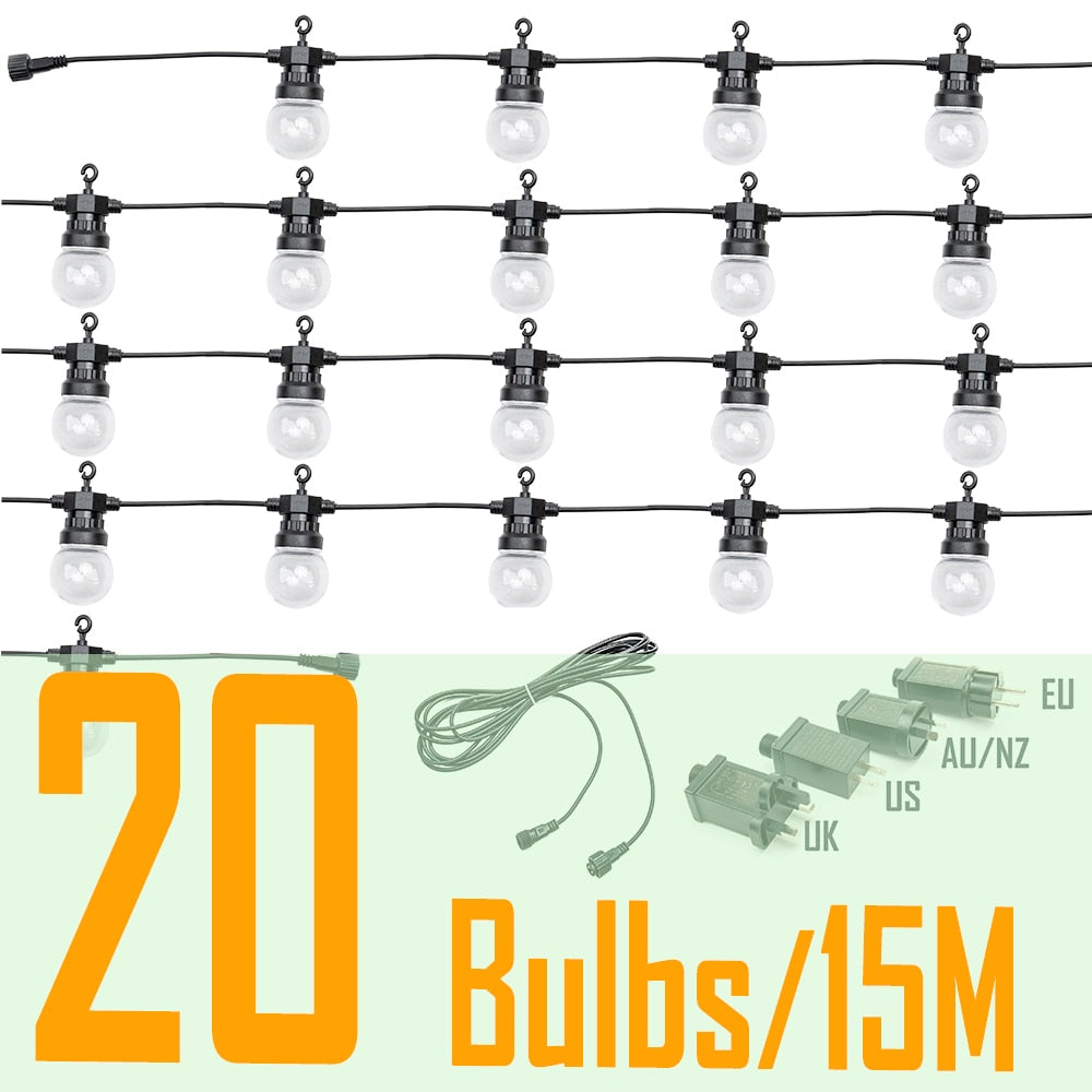 25M 25 LED Bulb String Lights Waterproof Connectable Christmas Holiday Lights Outdoor Party Wedding Christmas Garland Decoration