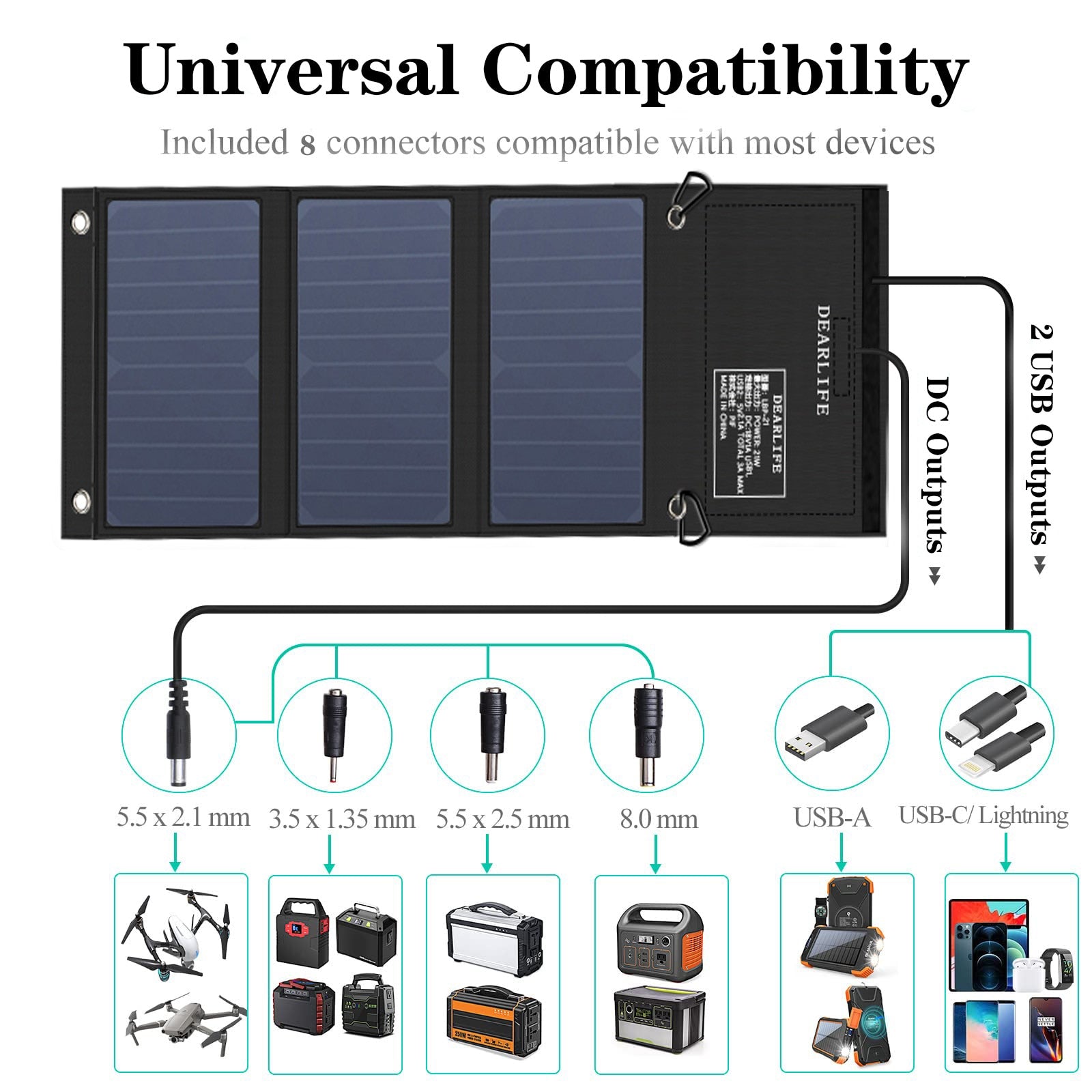 Universal Compatibility Included 8 connectors compatible with most devices 1