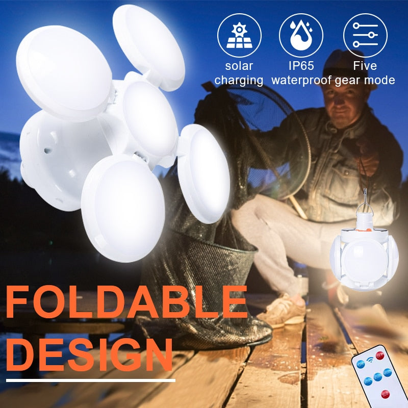 Luz solar dobrável ao ar livre portátil USB recarregável Lâmpada de LED Luzes de busca Lanterna de acampamento Lâmpada de emergência para falta de energia