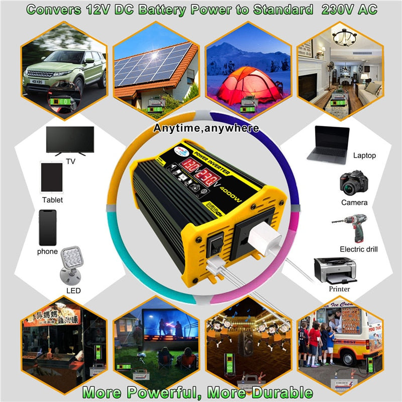 Peak 4000W Power Inverter 12V to 110V 220V for Solar Panel Electronic Car Converter Modified Sine Wave 2 USB Fast Charging