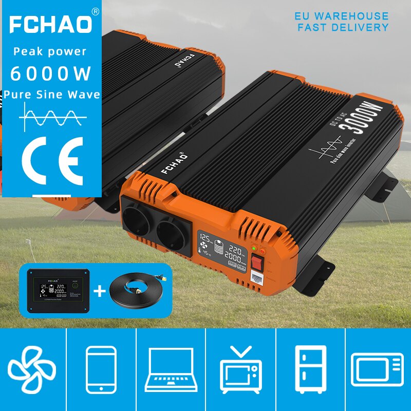 FCHAO 6000W Pure Sine Wave Solar Inverter 12V 24V to 220v 230v LCD Display Voltage Transformer Auto Parts Power Converter Invert