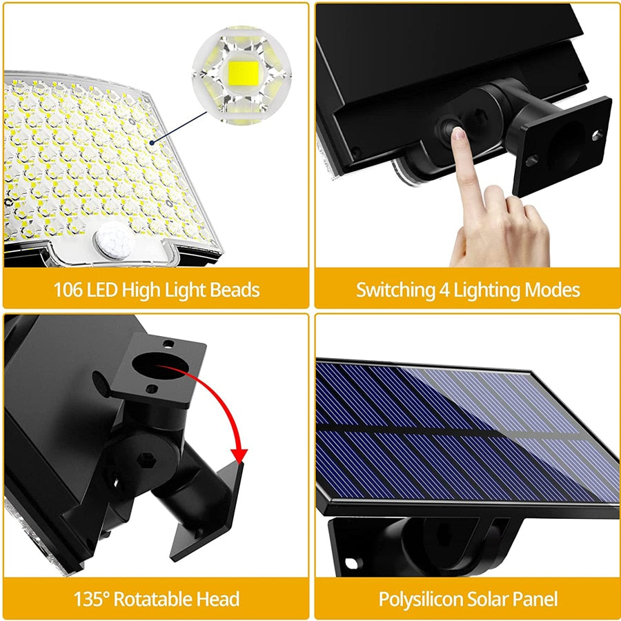 LED Solar Lights 106/228 Outdoor PIR Motion Sensor Wall Lamp IP65 Waterproof Street Light with Remote for Garden Lighting