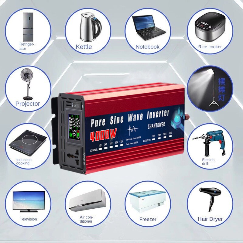 Inversor de onda senoidal pura 12V 220V 24/48V para CA 110V/220V 2200W 3000W 4000W Conversor de tensão de energia portátil Inversor solar para carro