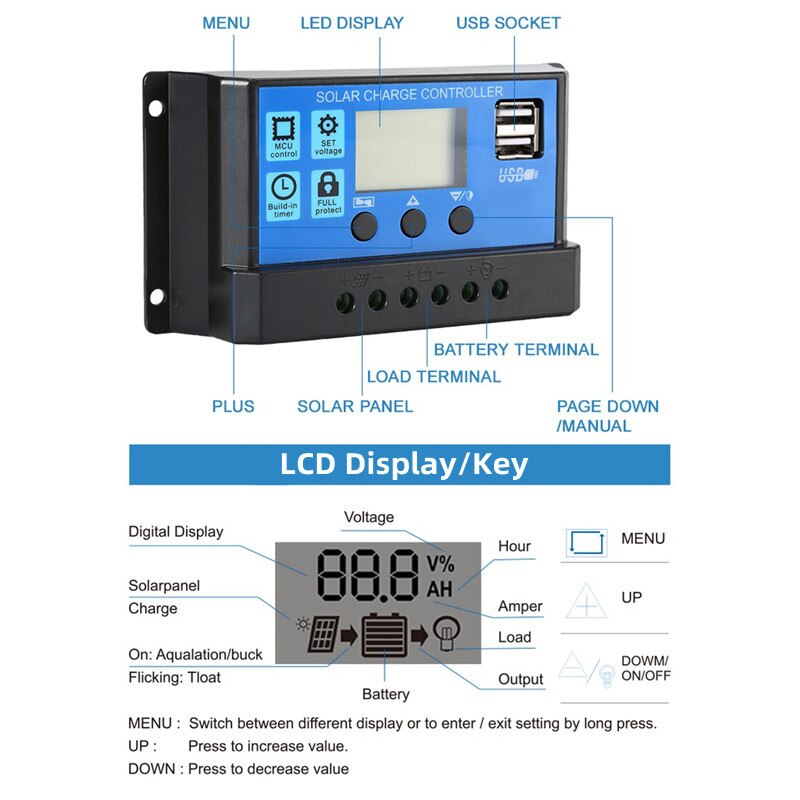 Regolatore solare aggiornato 10A 20A 30A 12V / 24V Pannello solare automatico Regolatore fotovoltaico Caricabatterie PWM Uscita 5V Display LCD Dual USB